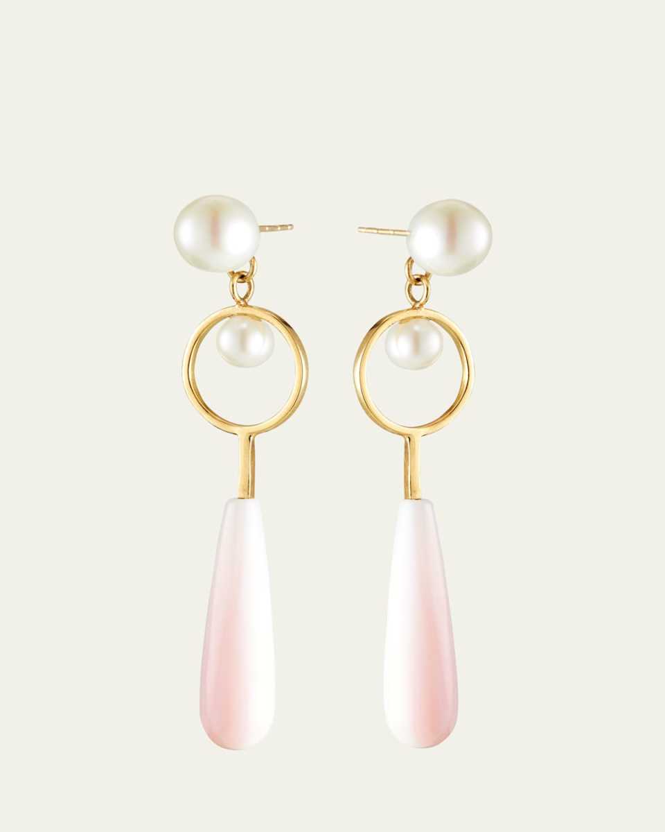18K Yellow Gold Freshwater Pearl and Pink Conch Shell Drop Earrings